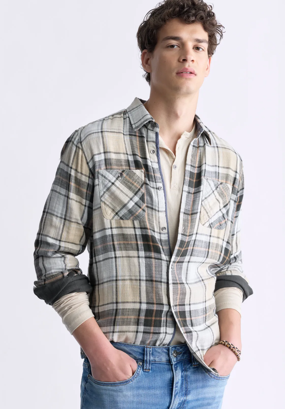 Saolo Men's Long-Sleeve Plaid Shirt, Tan - BM24425