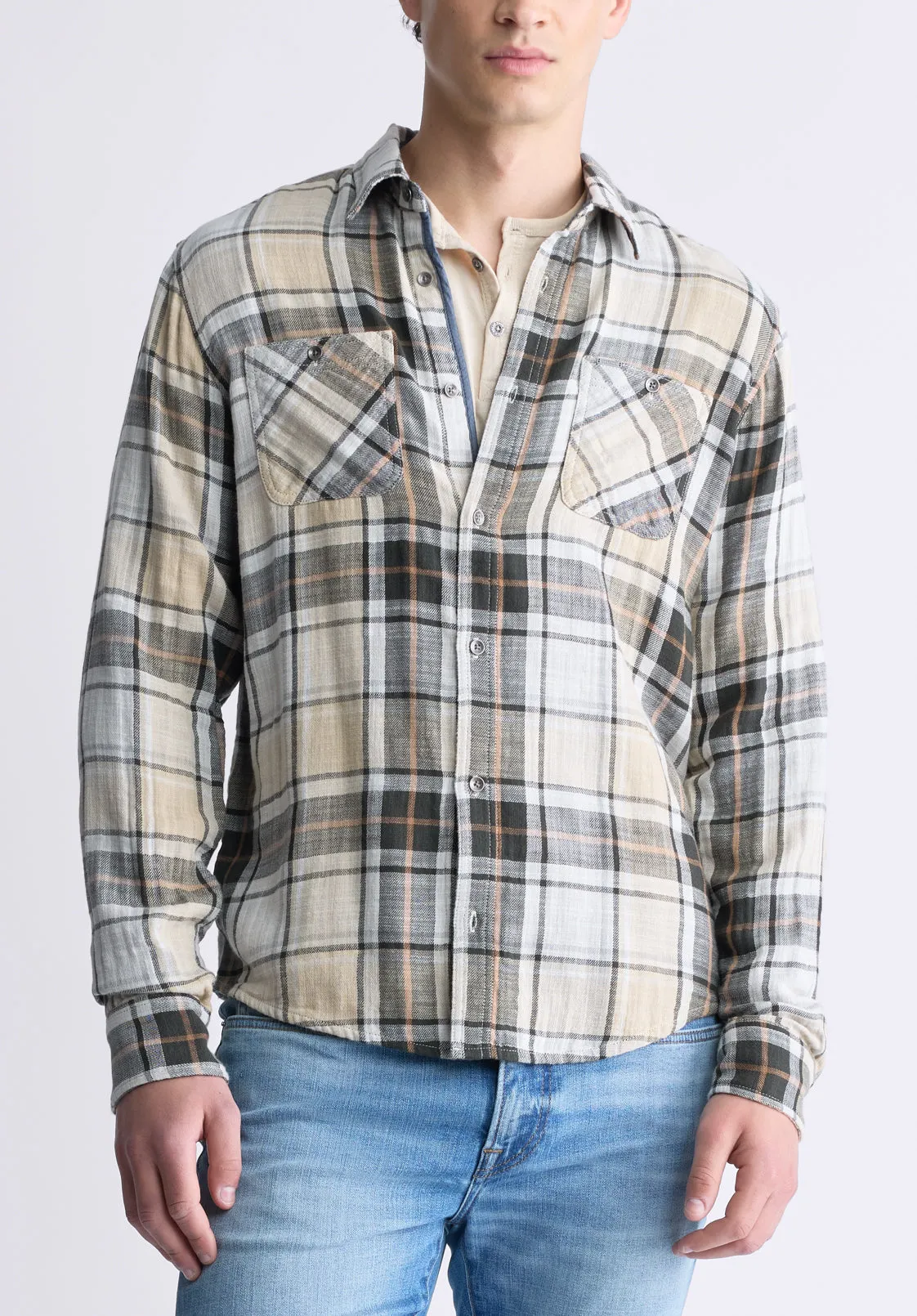 Saolo Men's Long-Sleeve Plaid Shirt, Tan - BM24425