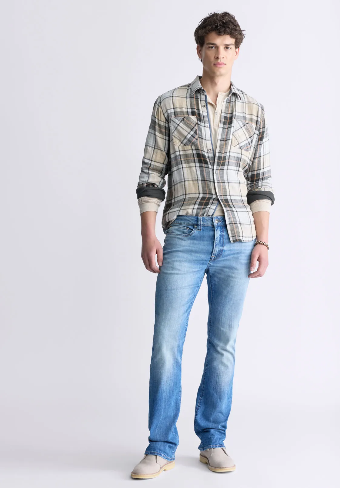 Saolo Men's Long-Sleeve Plaid Shirt, Tan - BM24425