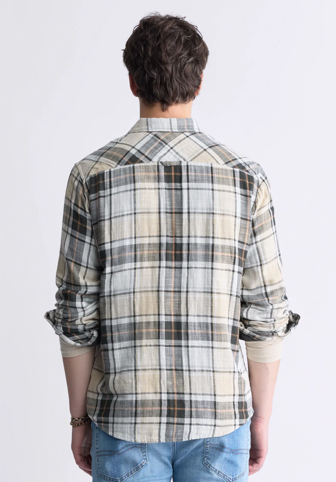 Saolo Men's Long-Sleeve Plaid Shirt, Tan - BM24425