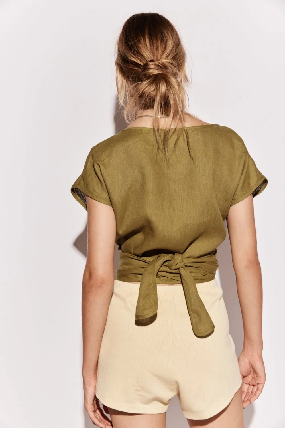 Sea Glass Linen Wrap Top Olive