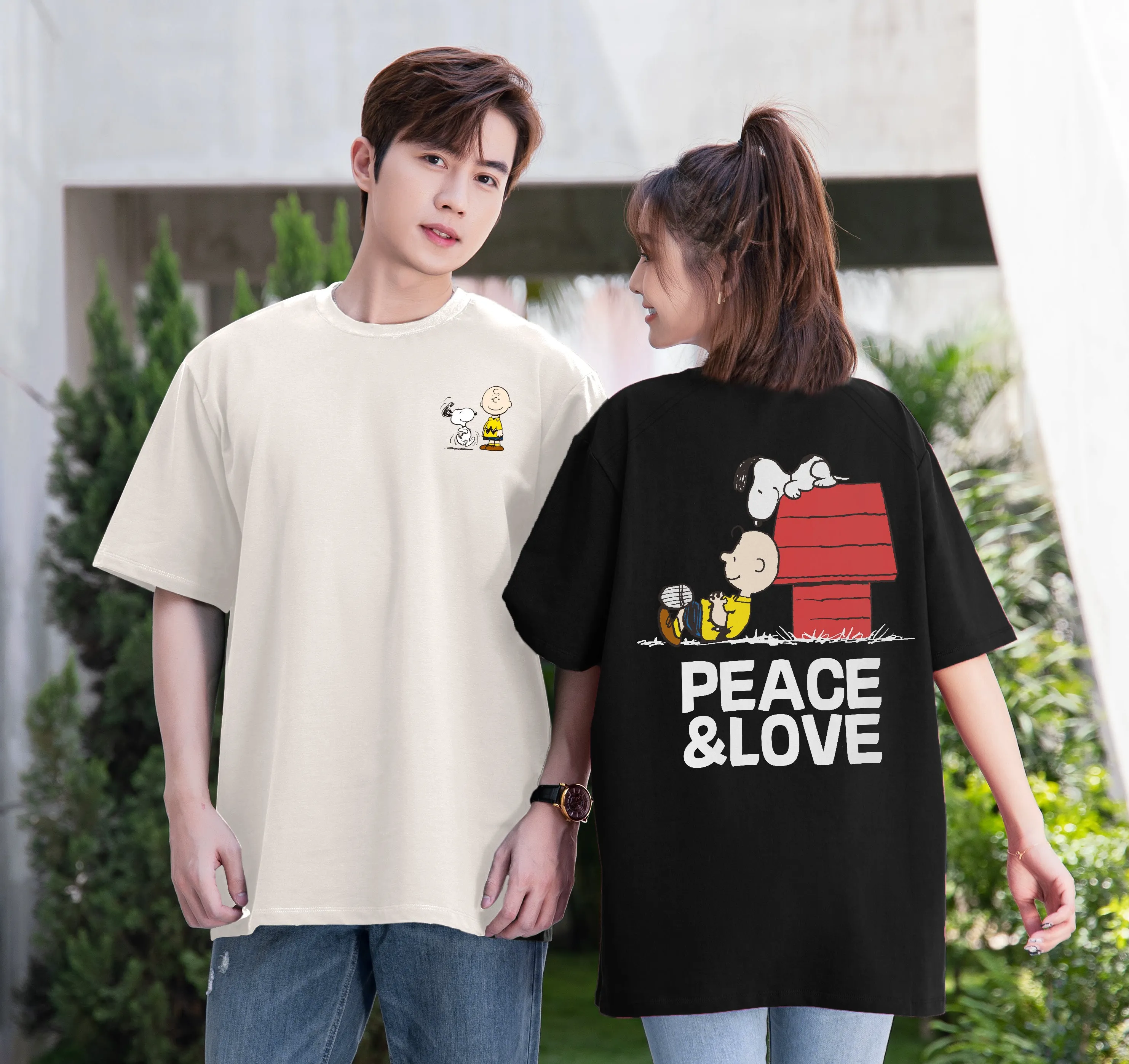 “Snoopy，PEACE&LOVE” Drop-Shoulder Oversized Tee - 2036