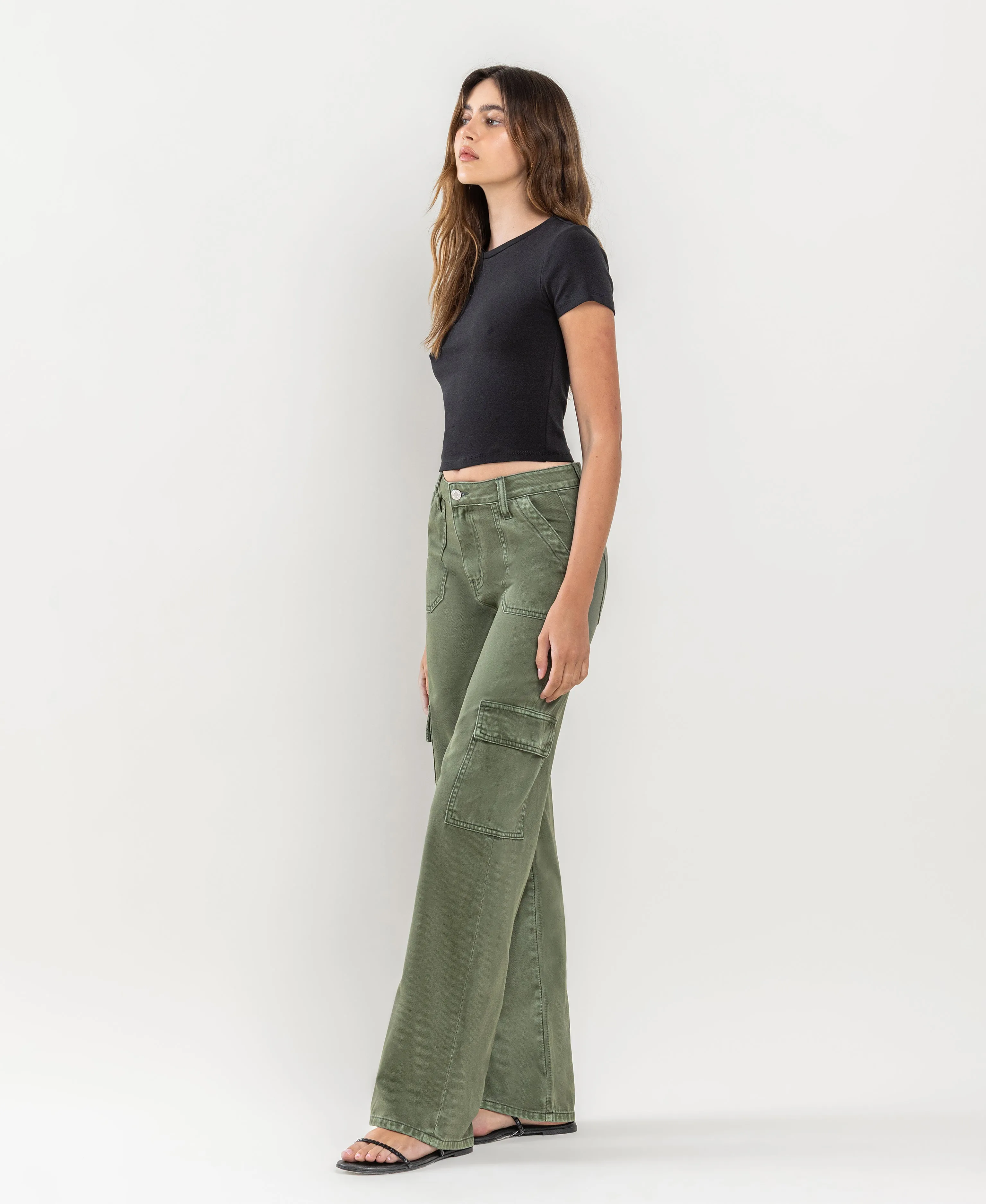 Thyme - High Rise Utility Cargo Wide Leg Jeans