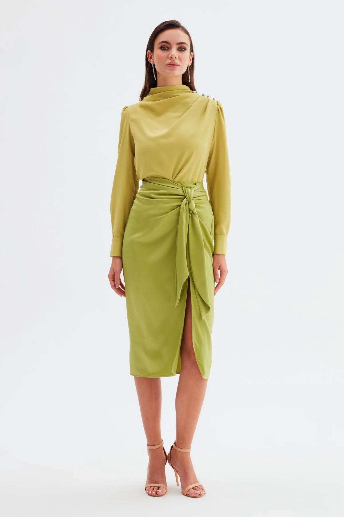 Tied Satin Skirt - Olive