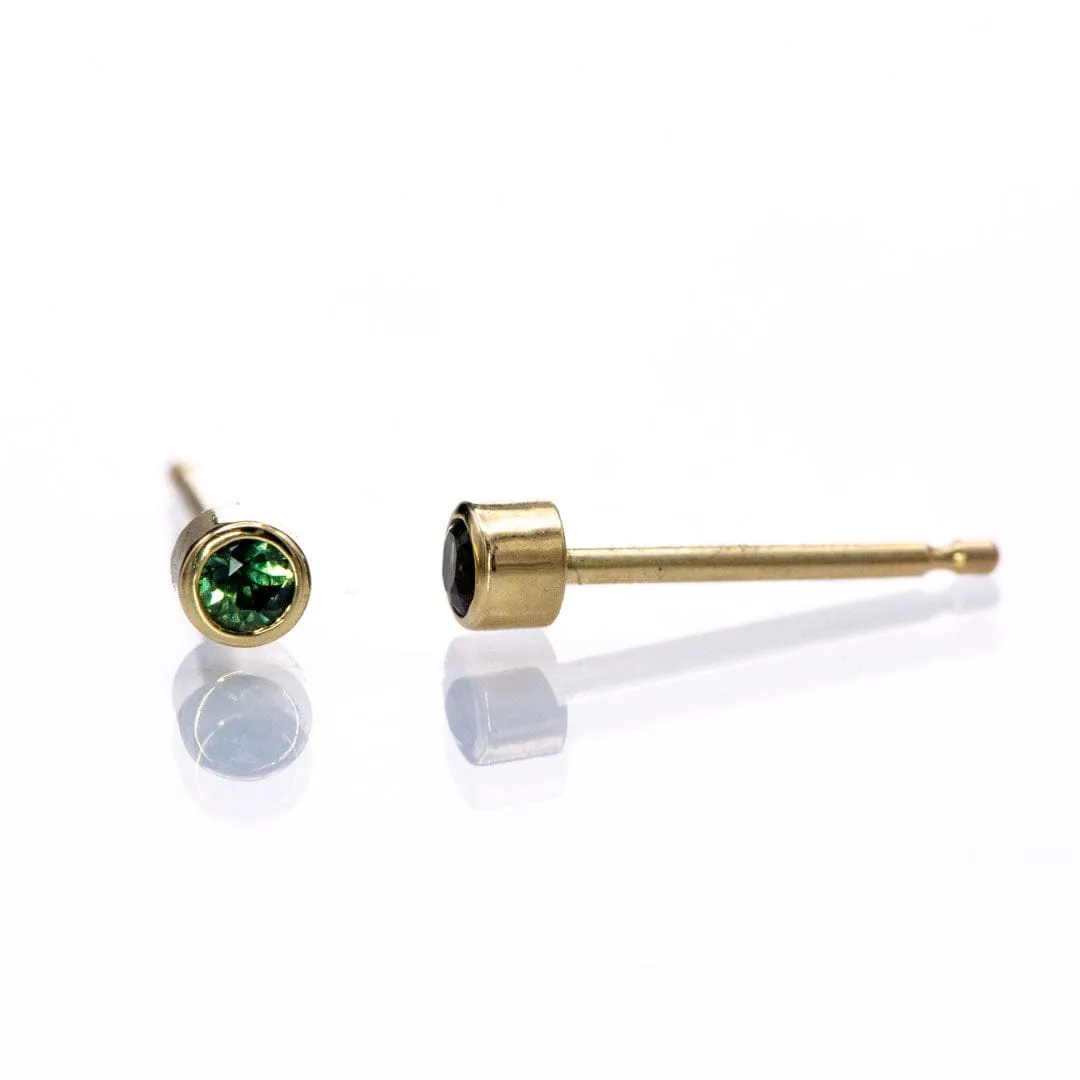 Tiny Teal Green Sapphire Bezel Set 14k Yellow Gold Stud Earrings, Ready to Ship