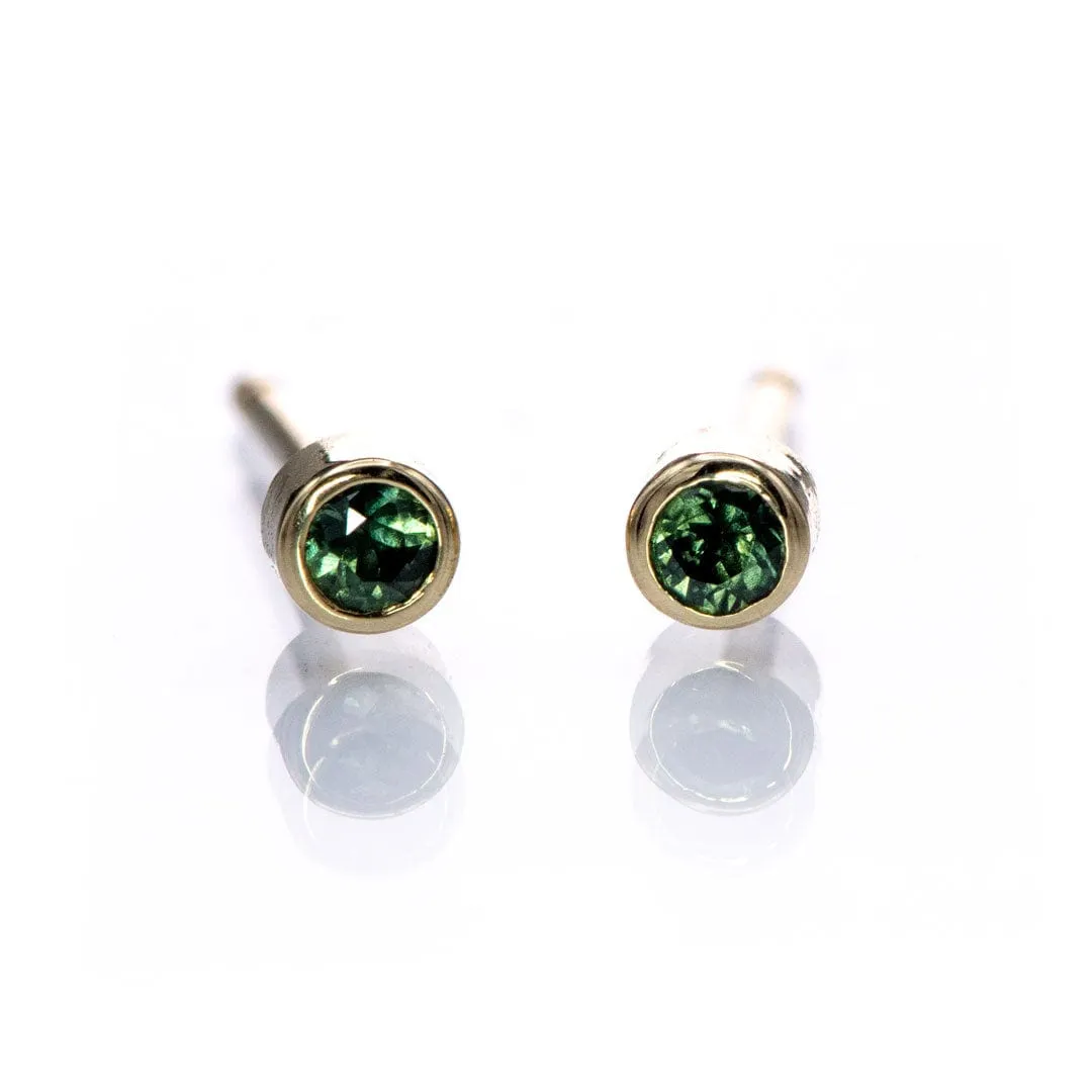 Tiny Teal Green Sapphire Bezel Set 14k Yellow Gold Stud Earrings, Ready to Ship