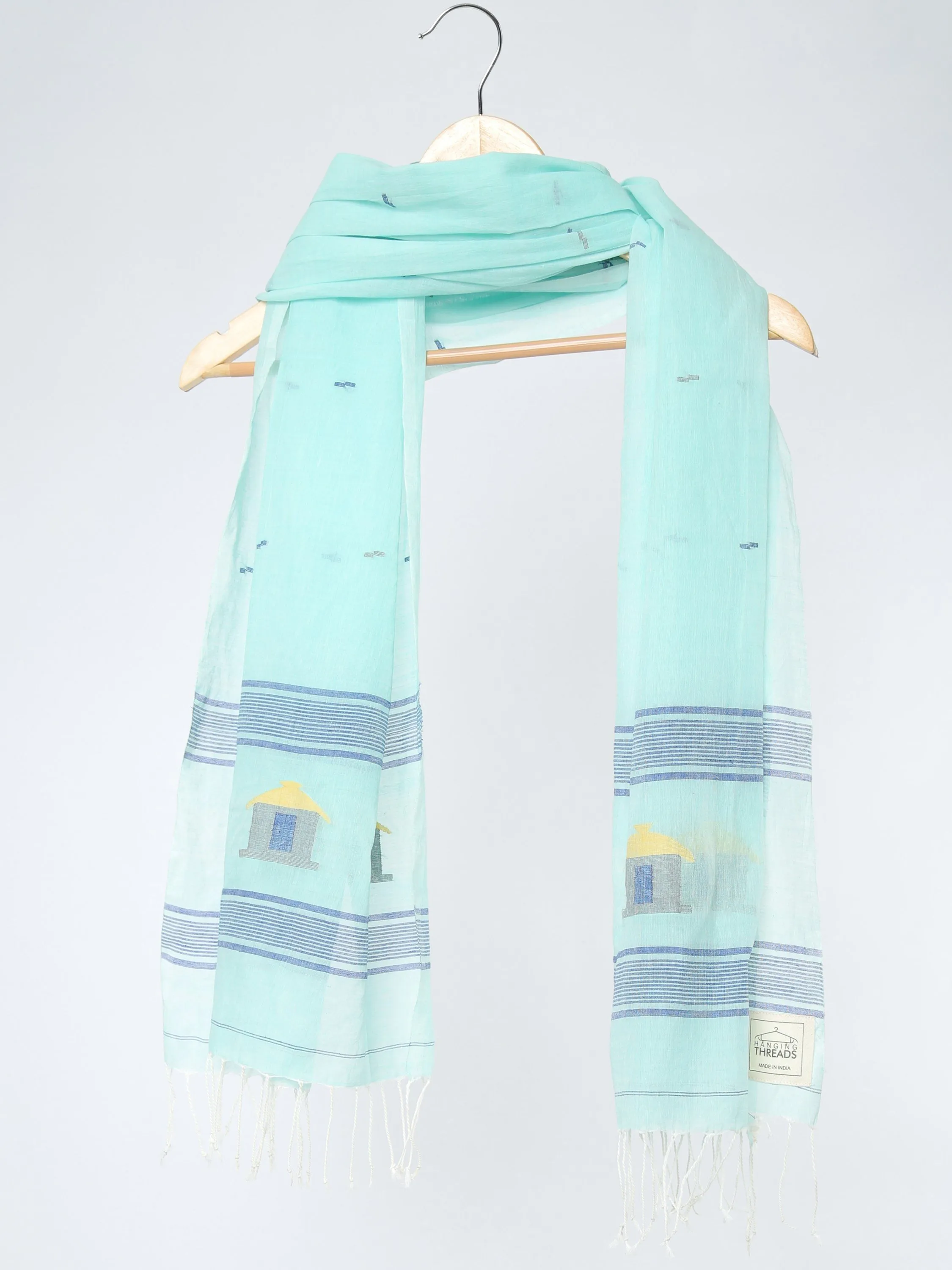 Turquoise Blue Muslin Cotton Jamdani Stole