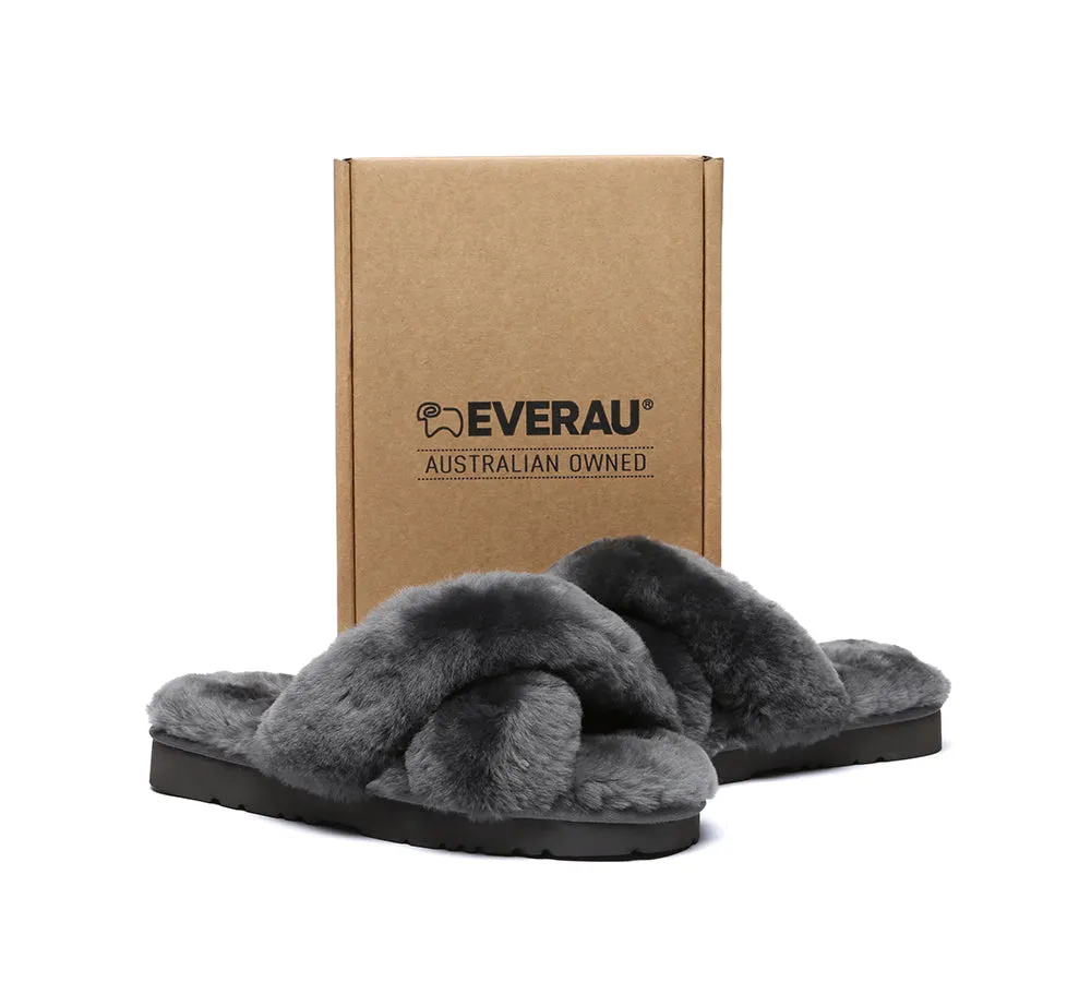 UGG Fluffy Slides Women Sheepskin Wool Crossover Sandals Leanna