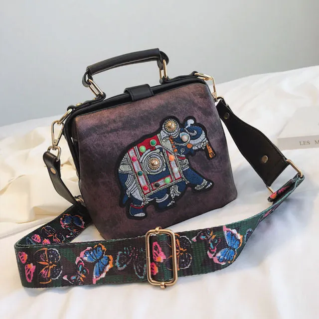 Vintage Embroidery Elephant Bag Bags Wide Butterfly Strap PU Leather Women Shoulder Crossbody Bag Tote Women's Handbags Purses