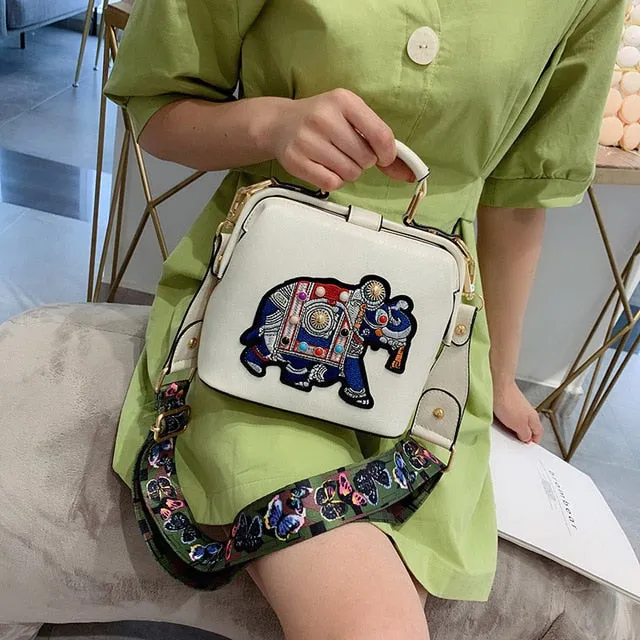 Vintage Embroidery Elephant Bag Bags Wide Butterfly Strap PU Leather Women Shoulder Crossbody Bag Tote Women's Handbags Purses