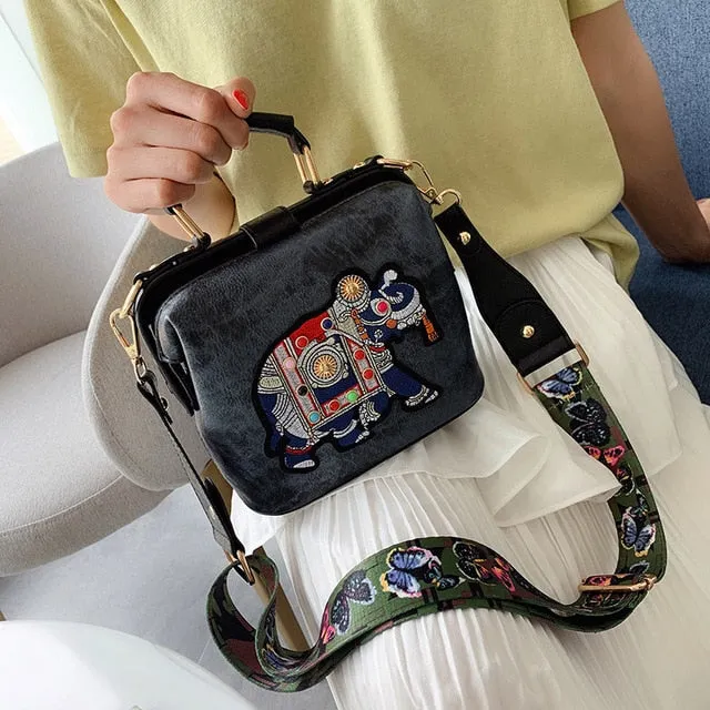 Vintage Embroidery Elephant Bag Bags Wide Butterfly Strap PU Leather Women Shoulder Crossbody Bag Tote Women's Handbags Purses