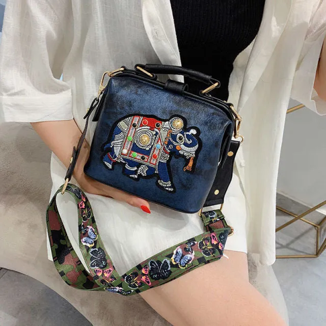 Vintage Embroidery Elephant Bag Bags Wide Butterfly Strap PU Leather Women Shoulder Crossbody Bag Tote Women's Handbags Purses