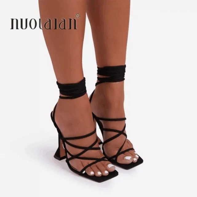 Women Summer Ankle Strap Sandals Ladies Thin High Heels Party Dress Shoes Female Fashion Sexy Sandal Woman Square Toe Shoe 2021