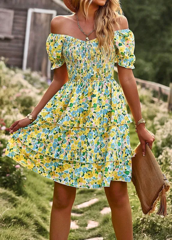 Womens Boho Floral Square Neck Short Sleeve Dress