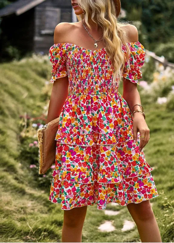 Womens Boho Floral Square Neck Short Sleeve Dress