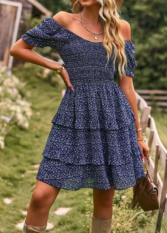 Womens Boho Floral Square Neck Short Sleeve Dress