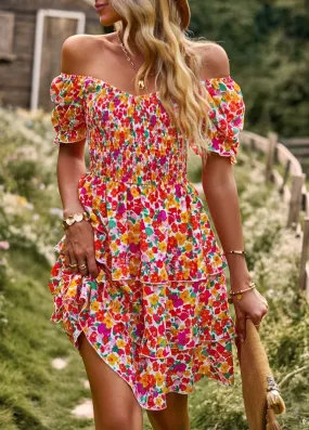 Womens Boho Floral Square Neck Short Sleeve Dress