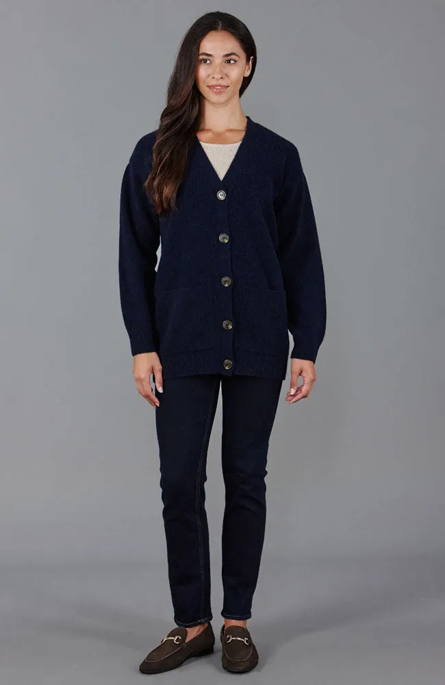 Womens Lambswool V Neck Ribbed Cardigan with Pockets